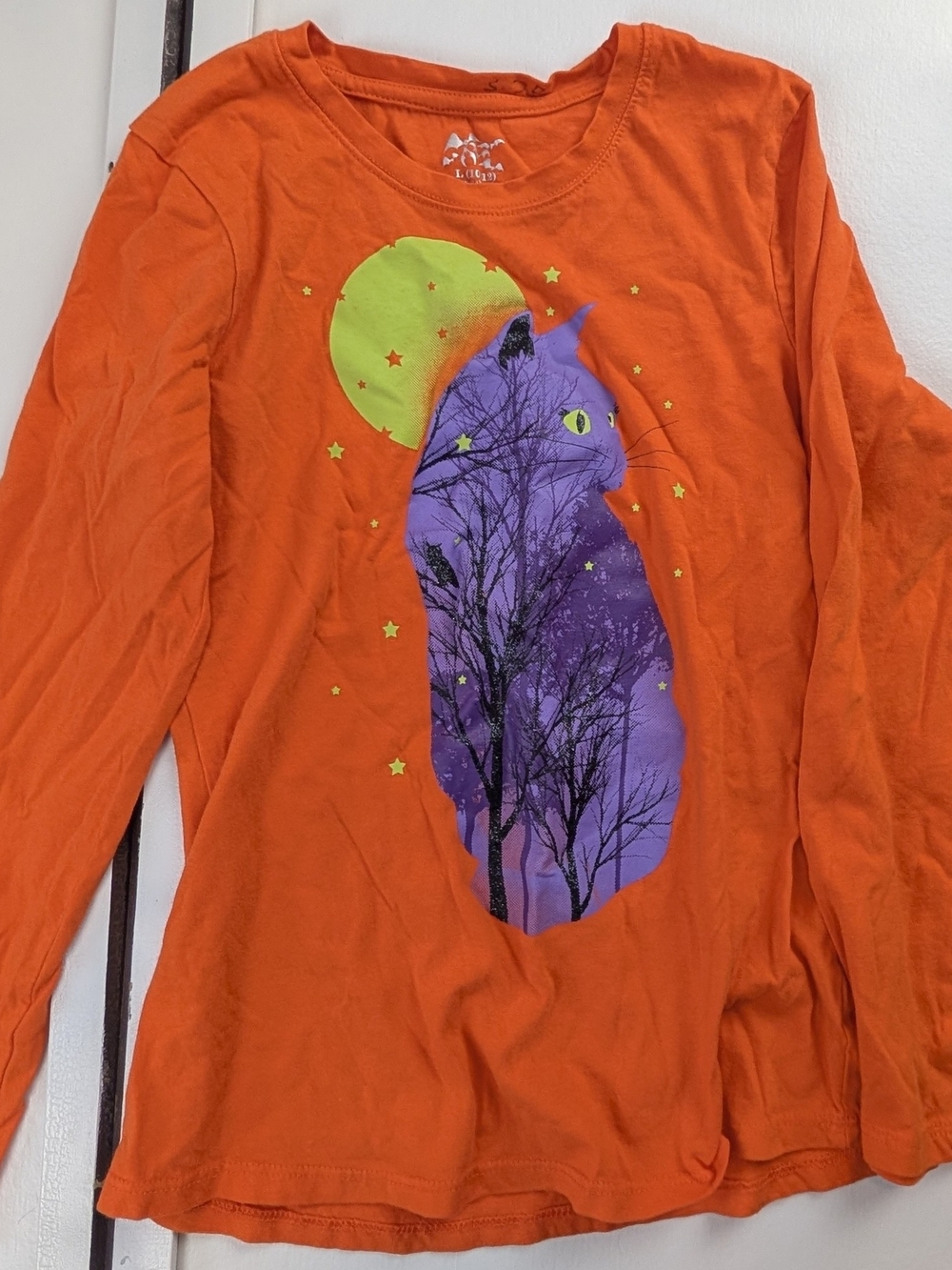 Kids Long-Sleeve Orange Graphic Halloween Cat Tee